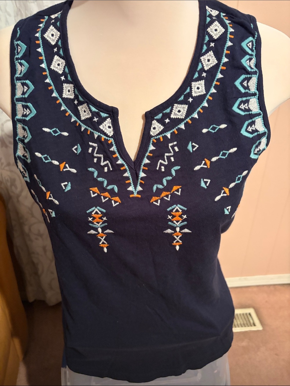 Sonoma Embroidered Navy Sleeveless Tank with Decorative V-Neck